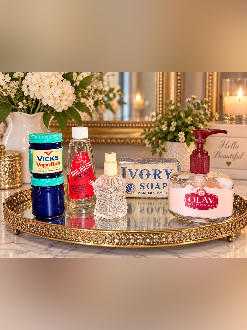 Vintage Vanity Lot Vicks Olay Ivory Soap Beauty Bottles Drugstore Decor